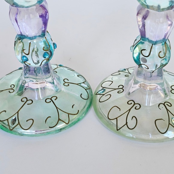 Vintage 80's Bejeweled Partylite Mardi Gras 5" Candle Taper Holder Set of 2 1564 - Picture 5 of 6